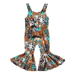 Toddler Girl Bell Bottom Romper Baby Cow Print  Ribbed Cotton Jumpsuit Flare Pants Overalls Summer
