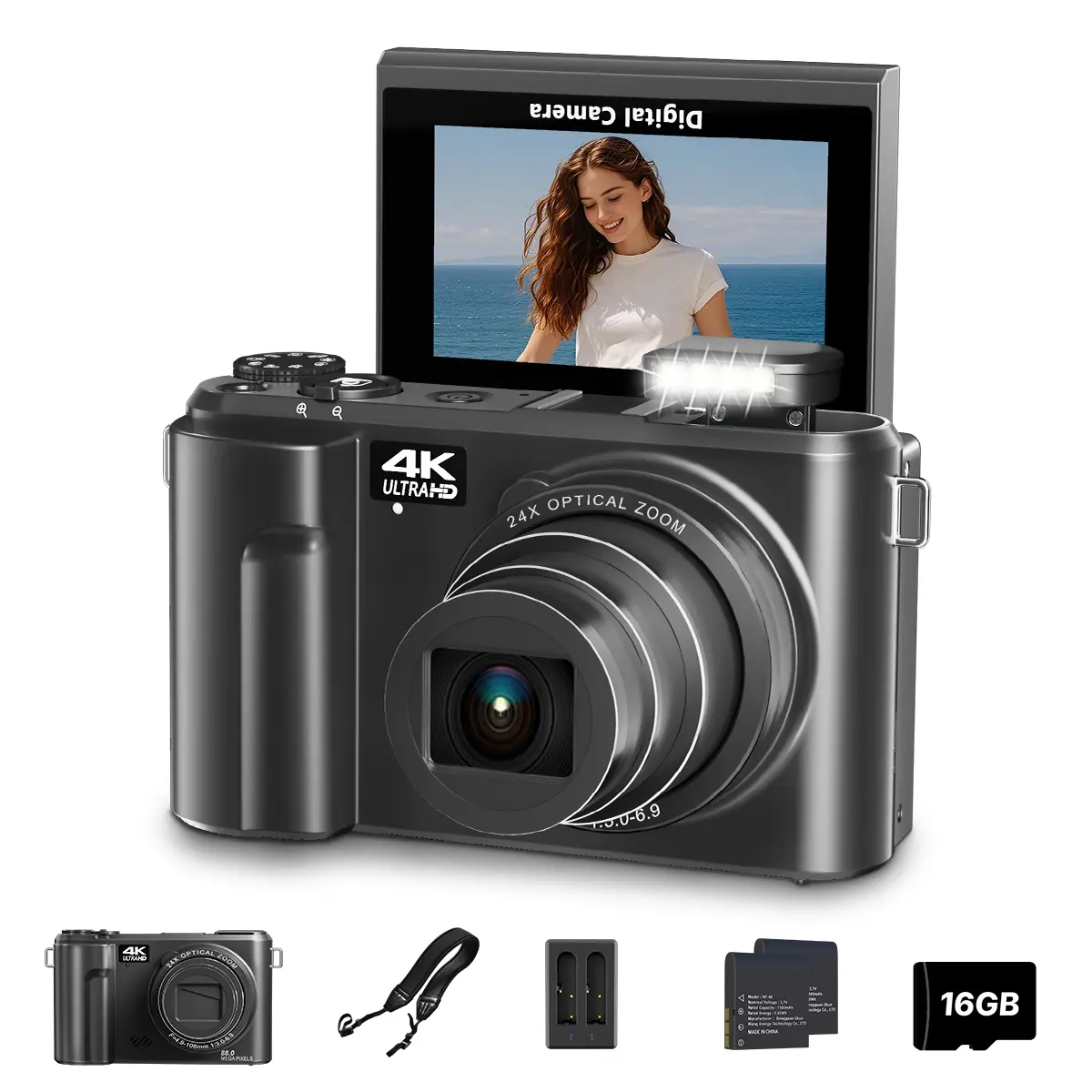 WIKICO 24X Optical Zoom Digital Camera for Photography, 4K 88MP Vlogging Camera for YouTube with 3" 180° Flip Screen, Point and Shoot Cam with 32GB Micro SD Card for Beginner Recording Recording,summerwins
