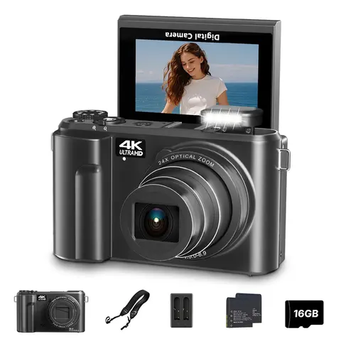 WIKICO Compact Fixed 24X Optical Zoom 4K 88MP Point and Shoot High Definition Camera - Portable Vlog Camera, 13MP, 3" Flip Screen (3inches), USB Port, Wi-Fi, Automatic, Hybrid, 180° Rotate, 32GB Micro SD Card for Beginners