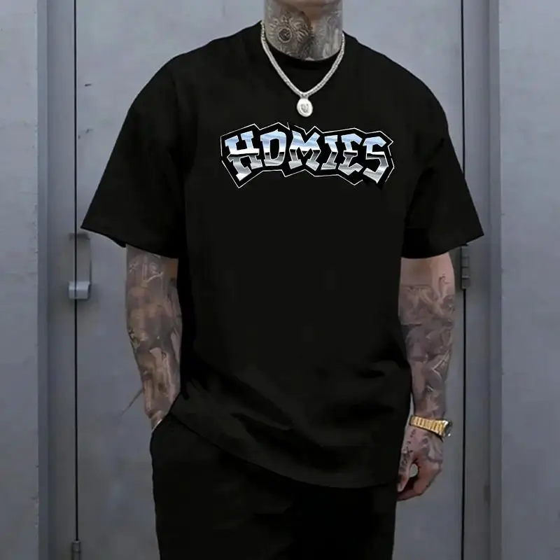 Metal-feel HOMIES letter print men’s pure cotton short-sleeve T-shirt—street loose crew neck tee, hip-hop high street casual top, breathable and skin-friendly, versatile basic short sleeve for everyday outings and brother outfits.