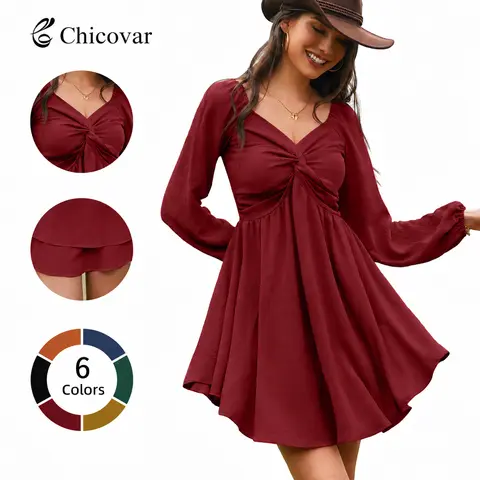 Chicovar Women's Fall Sweetheart Neckline Knot Front Flowy Mini Chiffon Dresses, Lantern Sleeve, A-Line Cut, No Scratchy, No Sheer, Westernfashion, Family Photos, Church, Party, Casual, or Daily Wear, Sohochic Long Sleeve Womenswear