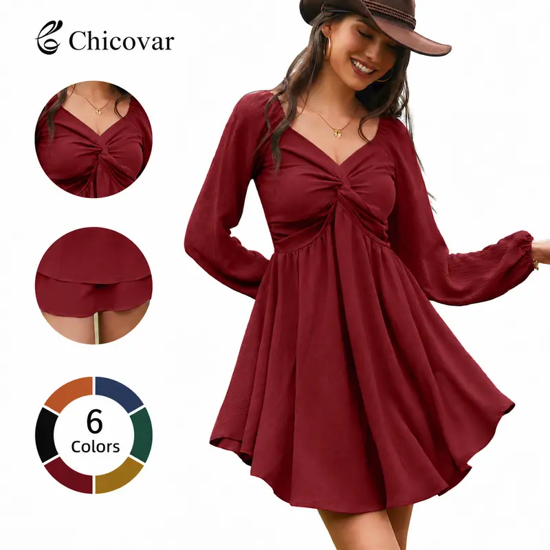 Chicovar Women's Fall Sweetheart Neckline Knot Front Flowy Mini Chiffon Dresses, Lantern Sleeve, A-Line Cut, No Scratchy, No Sheer, Westernfashion, Family Photos, Church, Party, Casual, or Daily Wear, Sohochic Long Sleeve Womenswear