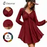 Chicovar Women's Fall Sweetheart Neckline Knot Front Flowy Mini Chiffon Dresses, Lantern Sleeve, A-Line Cut, No Scratchy, No Sheer, Westernfashion, Family Photos, Church, Party, Casual, or Daily Wear, Sohochic Long Sleeve Womenswear