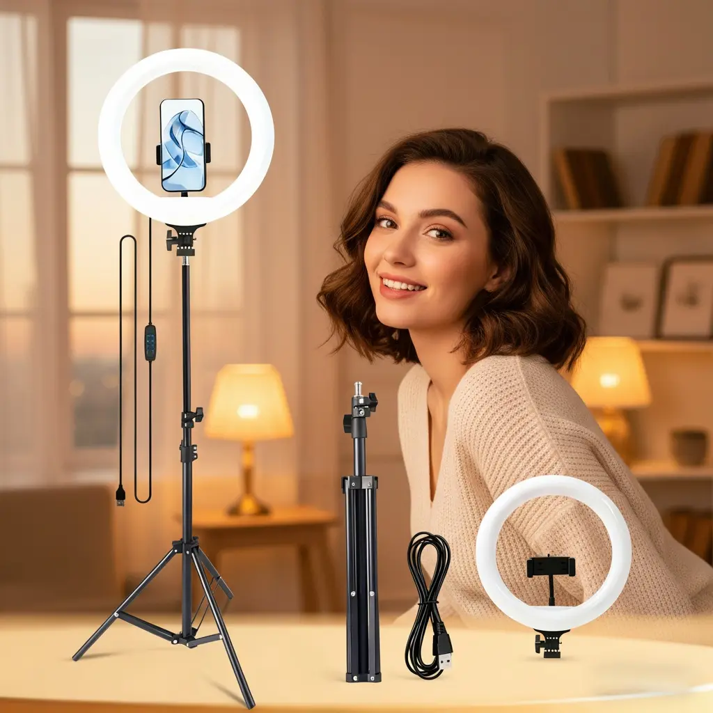 10'' video light with 63'' Detachable Tripod & Phone Holder, Adjustable Brightness, USB Powered, for Live Streaming, Photography, Makeup, Cooking, Podcasts, #video lighting #ring light with tripod #a rodeluz led#olumiring light ring