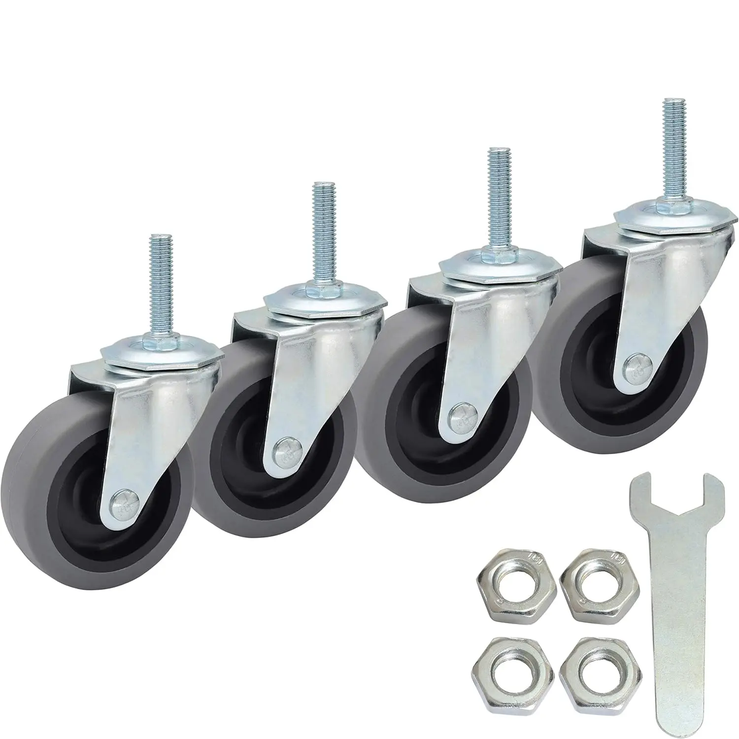 Casters Wheels, 3-Inch Threaded Stem TPR Caster 3/8"-16 x 1-1/2", Heavy Duty Thermoplastic Rubber Wheel 450lbs Load Capacity, Set of 4