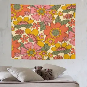 Retro 60 70s Floral Tapestry, Hippie Spring Groovy Flower Power Flower Boho Print Wall Hanging Neutral Home Decor Art for Living Room Bedroom Dorm