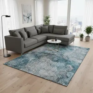 HomeRoots 656333 9 x 12 ft. Teal & Gray Abstract Transitional Washable Machine Made Rectangle Area Rug with UV Protection