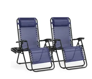 Zero Gravity Chairs, Set of 2 Portable Recliner Beach Camping Patio Outdoor Folding Lounge Chair with Cup Holder Trays and Adjustable Pillow for Poolside, Garden, Backyard, Blue