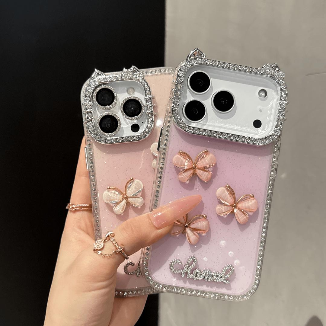 DIY Glitter Clear Phone Case with 3D Butterfly & Rhinestone Charms, Bling Cat Ear Diamond Frame Customizable Protective Cover for IP 17 PROMAX junk