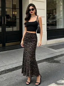2026 Women's Y2K Leopard-Print Mesh Maxi Skirt: High-waisted, pleated, figure-hugging skirt with a sheer fishtail hem. An elegant, casual summer dress perfect for parties, nightlife, and shopping.