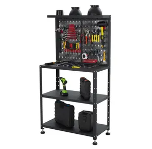 32" Workbench with Pegboard - Heavy-Duty Steel Workbench Organizer with Hanging Kits and 2-Tier Storage Shelves, Multipurpose Tool Workstation for Garage and Workshop