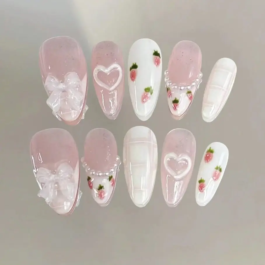 10pcs Heart-Shaped Bow Nail Stickers, Pink Girly Brightening, Jelly Glitter Soft Atmosphere, Handmade Full Coverage Nail Wraps (Each Piece May Vary Slightly Due To Handcrafting) Nails Handmade Press On Nails Press On Sets Nail Art Designs