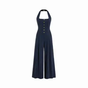 Cider Corduroy Halter Neckline Backless Bowknot Pleated Wide Leg Jumpsuit