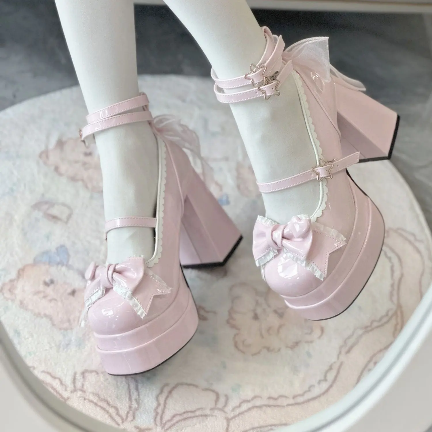 Women's Lolita-Style PU Leather Mary Jane High-Heel Fashion Shoes - Korean Synthetic Decor-Enhanced Footwear with Shoe Cover for Cosplay, Princess Scenarios, Sleeve/Shoe Cover