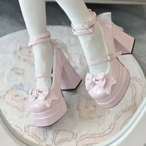Women's Classy Elegant Lolita-Style Leather Mary Jane High Heel Shoes, Decor-Enhanced Footwear for Cosplay Princess Scenarios