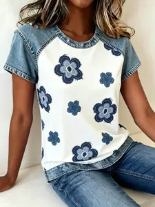 Women's Fashion Casual Patchwork Colorblock Floral Short Sleeve Round Neck T-Shirt, Loose Fit Slimming Design, Summer Home Outdoor Wear
