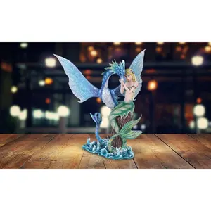 11"H Blue Mermaid with Sea Serpent Statue Fantasy Decoration Figurine