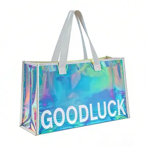 B2prity Iridescent Clear Beach Tote Bag for Women Girls Large Waterproof with Inner Zipper Pocket for Swim Pool Travel Vacation