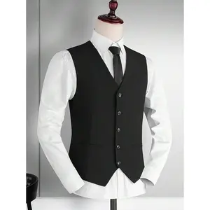Men Slim Fit Suit Vest Korean Style Business Casual Formal Dress Waistcoat For Wedding Party Fabric Hem