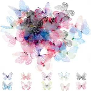 60 count Butterflies for Crafts, Organza Fabric Butterfly Appliques Colorful 3D Lace Butterfly 2 Layers Wall Decoration for DIY Wedding Party Decoration Clothes Ornament Home Decor, 10 Styles
