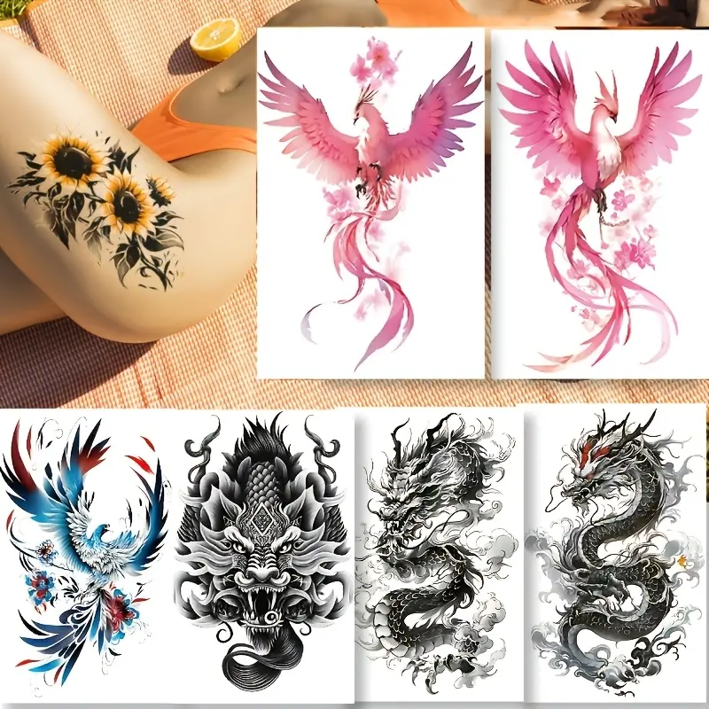 Temporary Tattoo Assorted Designs - 6 Realistic, Waterproof Body Art Sheets with Phoenix, Dragon Patterns, Styling Tattoo Art for Youth, Solid Ephemeral Body Decor, 12X19cm