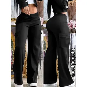 Women’s Solid Color Wide-Leg Cargo Pants, Casual Comfortable Elastic Waist Pockets Fitted Workwear for Spring & Fall