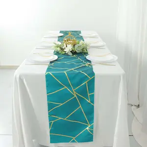 Polyester Table Runner 9ft Teal - Gold Foil Geometric Pattern