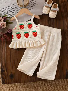 Girls' Strawberry Embroidered Soft Vest Set with Solid Color Pants, Casual Daily Fashion, Summer Baby Cute Sunlight Style