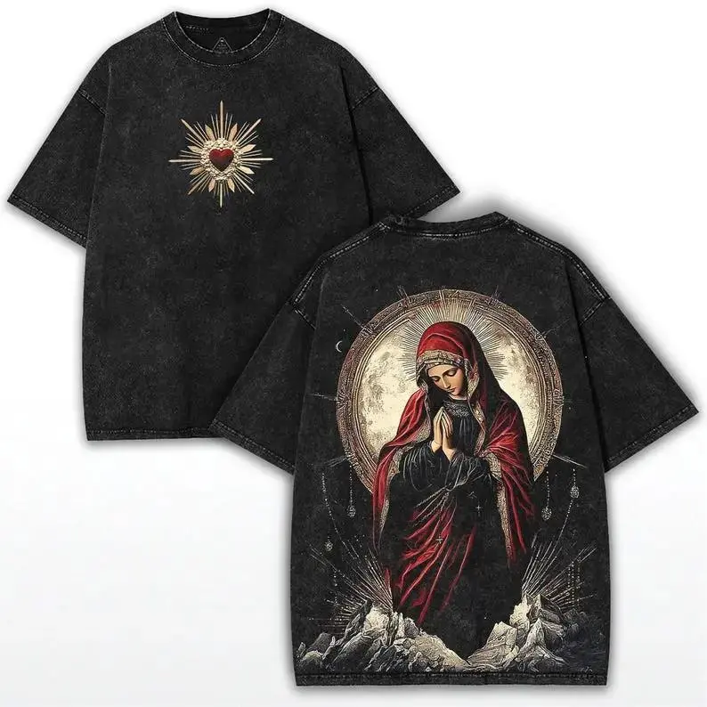 Men's Sacred Heart Virgin Mary Oversized Short-Sleeve Top - Vintage Washed Black, Baggy Loose Comfortable Faithcore Valentine T-Shirt