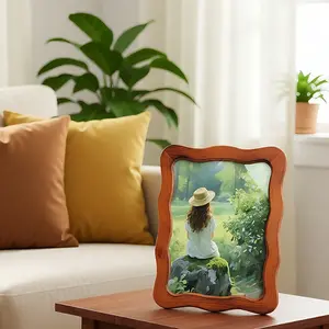 Natural Warm Wave Frame, Real Wood Curved Edging Handmade Display Stand, Travel Landscape Family Photo Exclusive Decor