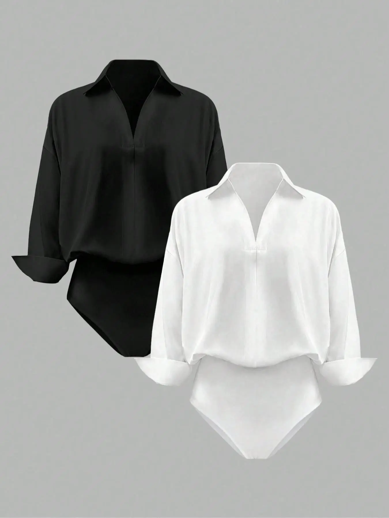 Women's 2-Piece Woven Fabric Basic Soft Casual Oversized Loose-Fit V-Neck Long-Sleeve Shirt Bodysuit Set Outfit, Tops, Stylish, Elegant and Versatile for Layering or Standalone Wear, Womenswear