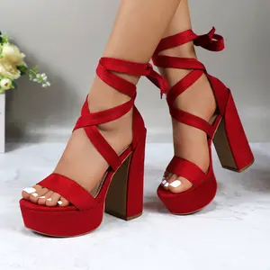 Women's Suede Platform High Heels Sandals Lace-up Strappy Chunky Block Heel Open Toe Footwear 5.51-inch Heeled Girl Elegant Stylish Sexy Summer Casual Dressy Shoes for Wedding Party Prom Club XQX Classy Fashion