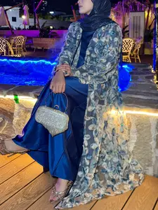 Women's Elegant Muslim Ramadan Summer Embroidered Mesh Floral Open Abaya And Long Sleeve Satin Dress, Casual Loose-Fitting Party Dress