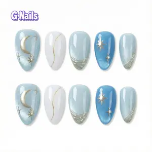 G Nails A93 Blue moonlight 10pcs Handmade Press On Nails with Cat Eye Design for Springnails Premium Craftsmanship