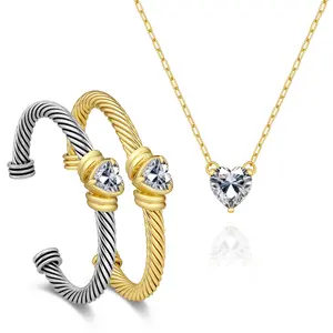 Aprilery Open Cuff Bracelets & Heart Pendant Necklace - Distinctive Twisted Cable Design with Dazzling Heart Gemstones, Modern Daily Jewelry for Women, Perfect Gift for Valentine’s Day