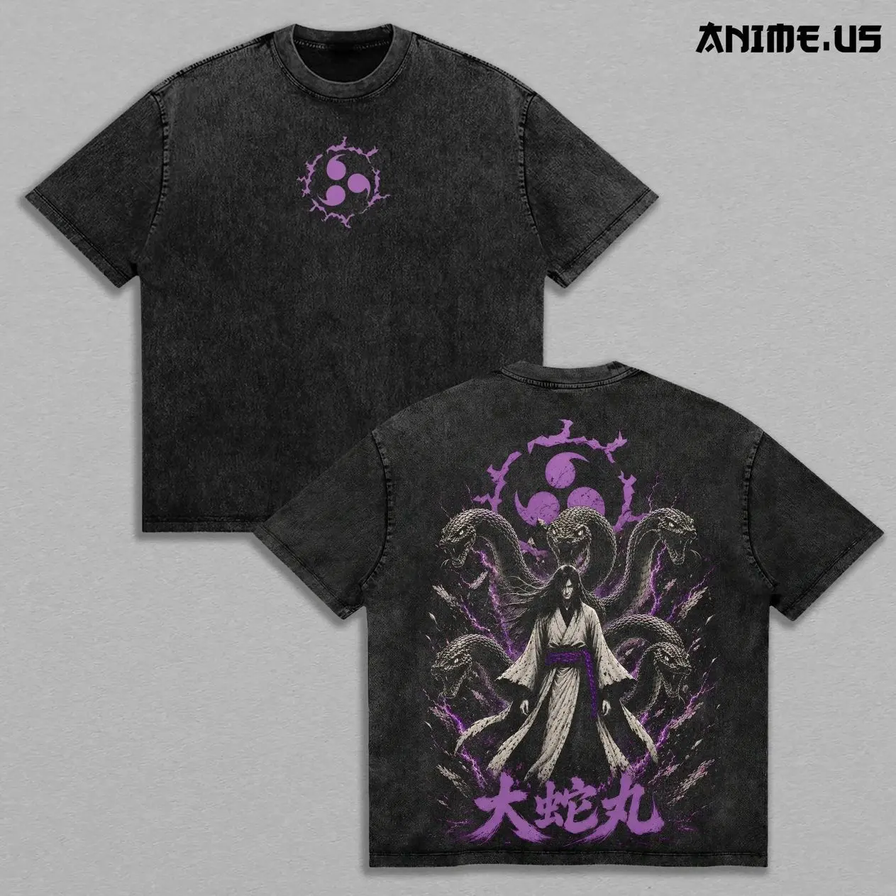 Orochimaru Yamata no Orochi Serpent Sage Naruto Anime Vintage Washed Heavyweight Cotton T-Shirt Double Sided Graphic Oversized Streetwear Tee Gift for Naruto Fans APS