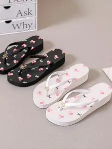 Wind Small Fresh Cherry Print Slope Heel Sandals, Metal Logo Decoration Thick Sole Women's Summer Slippers, Comfortable and Stylish Footwear, Comfy Sandals