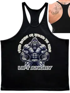 Men's Angry Lifting Gorilla Graphic Tank Top, Loose-Fitting Sleeveless Design Workout Ready Tee, Sporty Style Gym Workout Clothes Training Shirt