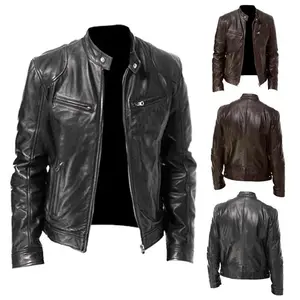 Mens Motorcycle Leather Jacket Slim Fit Short-Coat Lapel PU Jackets Autumn New Zipper Stand Windproof  Coat  Clothing