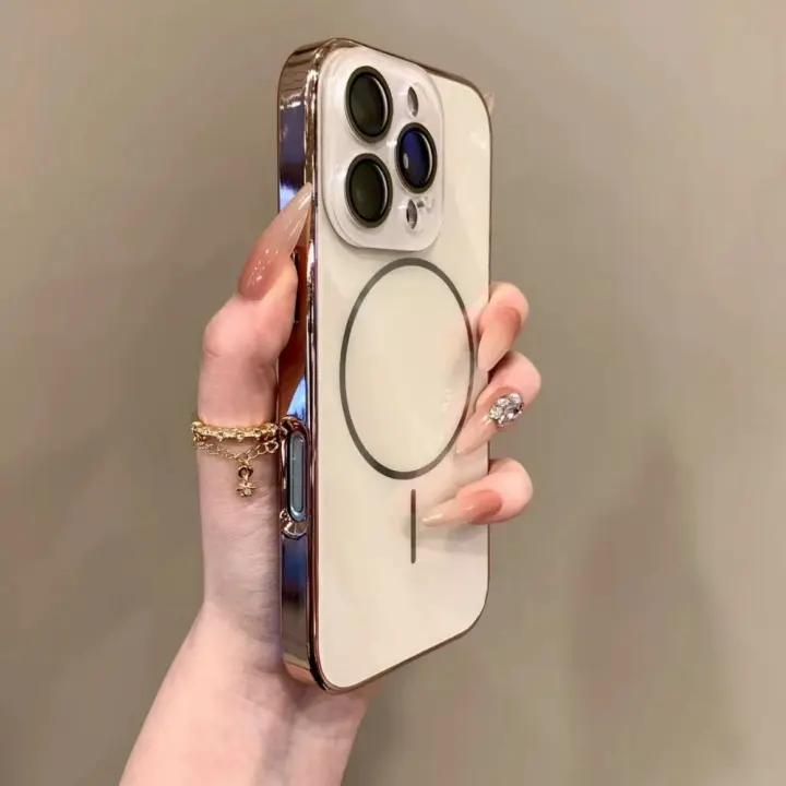 Electroplated Soft Frame Cell Phone Case for iPhone 16,15/14 Pro,13/12/11 Max - Magnetic Charging, Camera Lens Protection, Shockproof Drop Resistance Mobile Phone Accessory