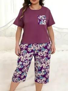 Plus Size Women's Short Sleeve Leopard Print Two Piece Pajama Set, Ethnic Pattern Lounge Wear with Color Block Pockets for Spring & Fall