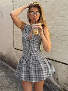 Vintage Checkered Colorblock Cutout Dress, Sleeveless Retro Style, Slim-Fitting Short Dress, Summer Streetwear for Women