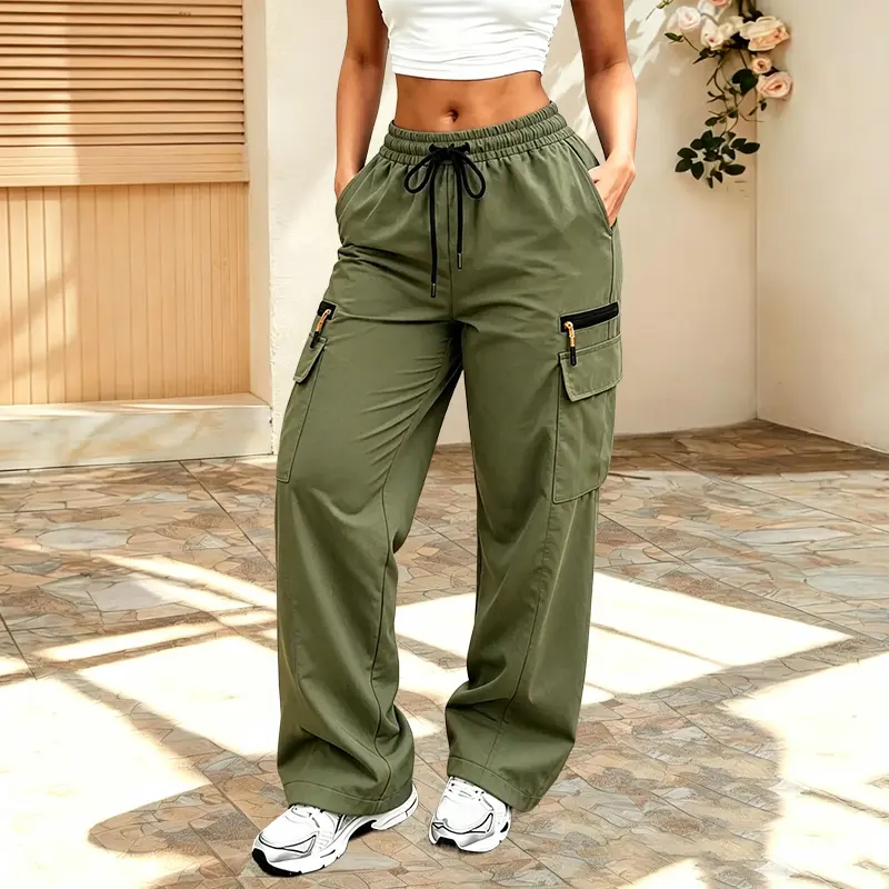 Women’s all-season lightweight cargo pants with a drawstring waist and side pockets, faux zipper, solid color design—stylish for outdoor sports and everyday wear.