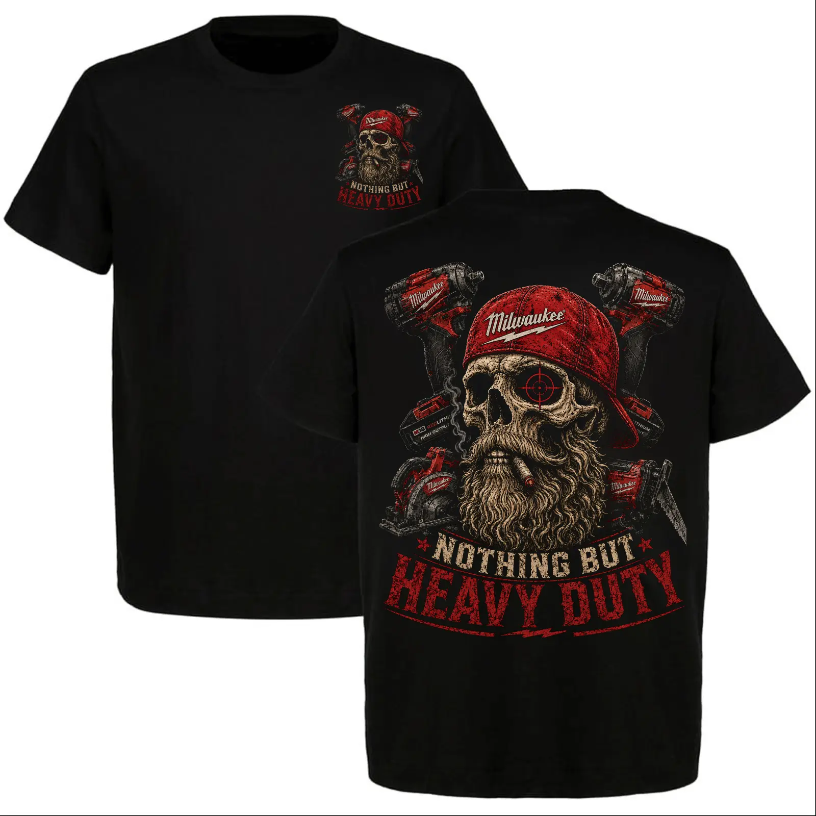 Milwaukee Nothing But Heavy Duty Skull T-Shirt, Power Tools Mechanic Graphic Tee, Front and Back Print Workwear Shirt for Men