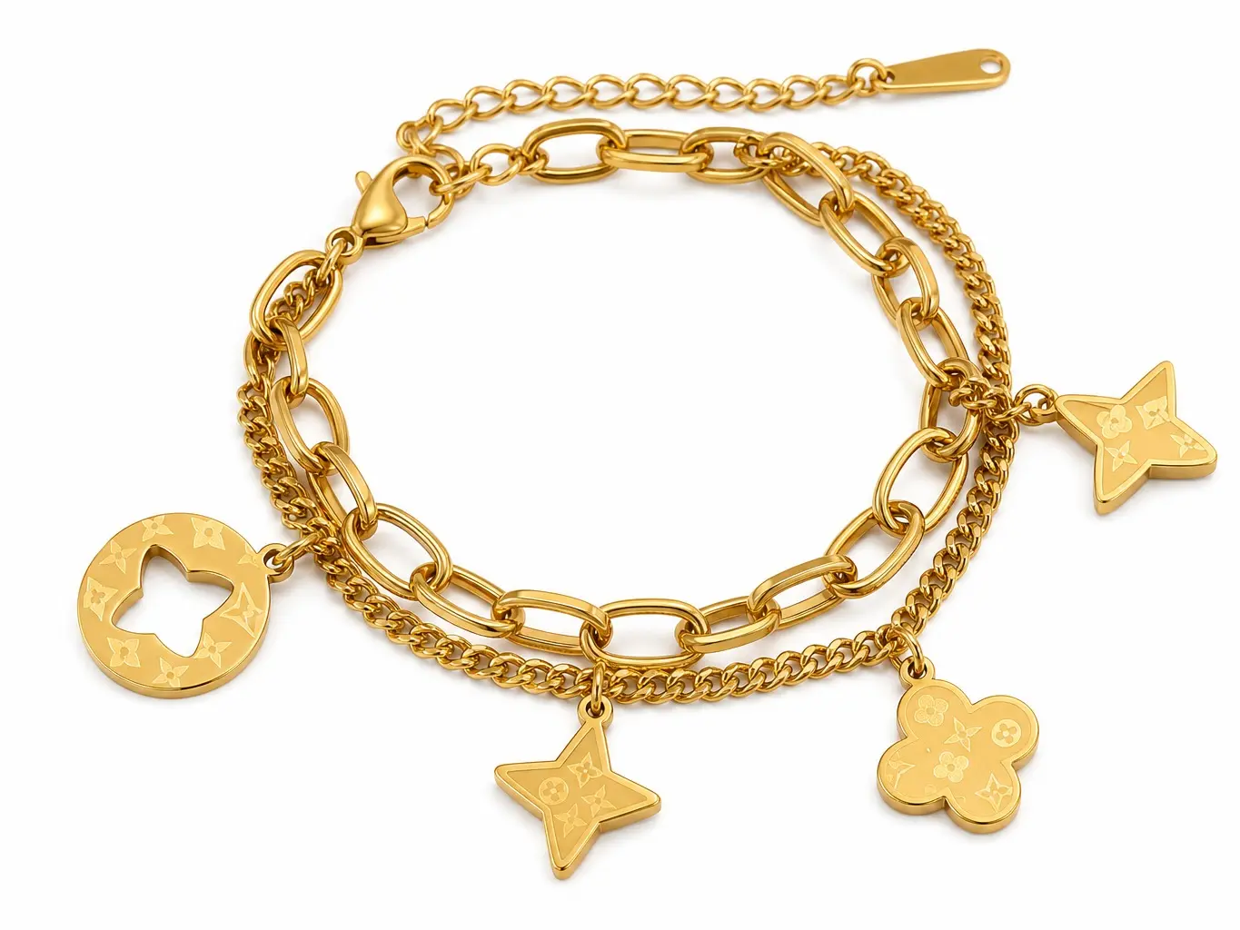 18K Gold Plated Double Layer Star Clover Charm Bracelet, Waterproof Stainless Steel Stackable Link Chain Lucky Four Leaf Clover Star Dangle Bracelets Trendy Women Fashion Jewelry Gift