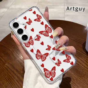 Magnetic Soft Case for  Samsung Galaxy S23 Ultra S24 Plus FE S25 S22+ Butterfly Hearts Pattern Anti-Yellowing Shockproof ultra-thin Silicone Crystal Transparent Acrylic Large Hole Cover Supports Wireless Charging