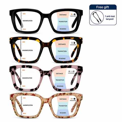 Oversized Square Progressive Photochromic Reading Glasses for Women and Men, Multifocal Readers with Spring Hinges for Reading and Screen Use