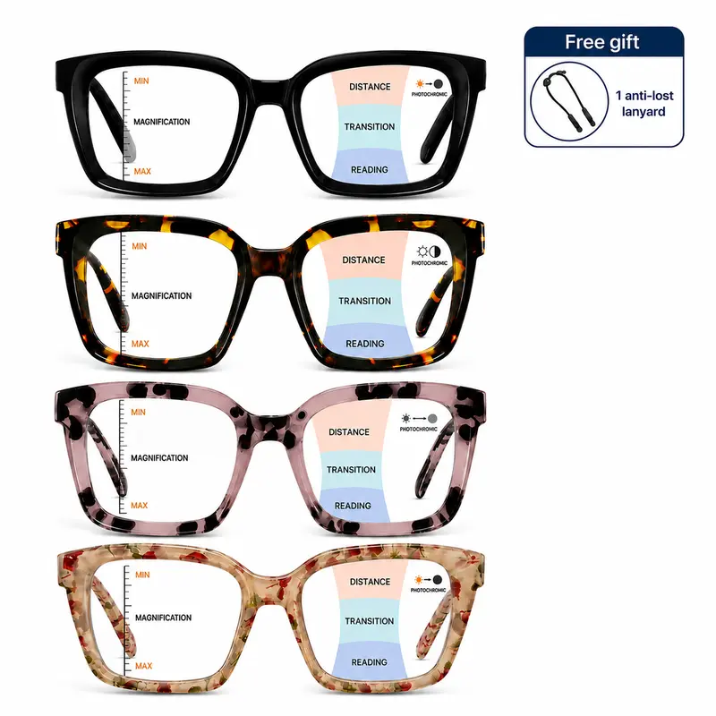 Oversized Square Progressive Photochromic Reading Glasses for Women and Men, Multifocal Readers with Spring Hinges for Reading and Screen Use