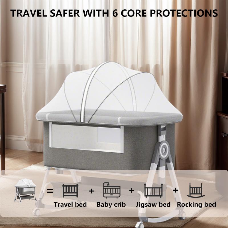 Virplik 4-in-1 Portable Baby Bassinet with Mosquito Net Rocking Function Storage Basket Adjustable Height Foldable Bedside Sleeper for Newborns with Wheels & Mattress Crib