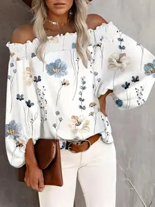 Plus Size Floral Print Frill Shirred Off Shoulder Tee, Casual Batwing Sleeve Knitted T-Shirt for Summer, Women's Plus Clothing for Daily Wear